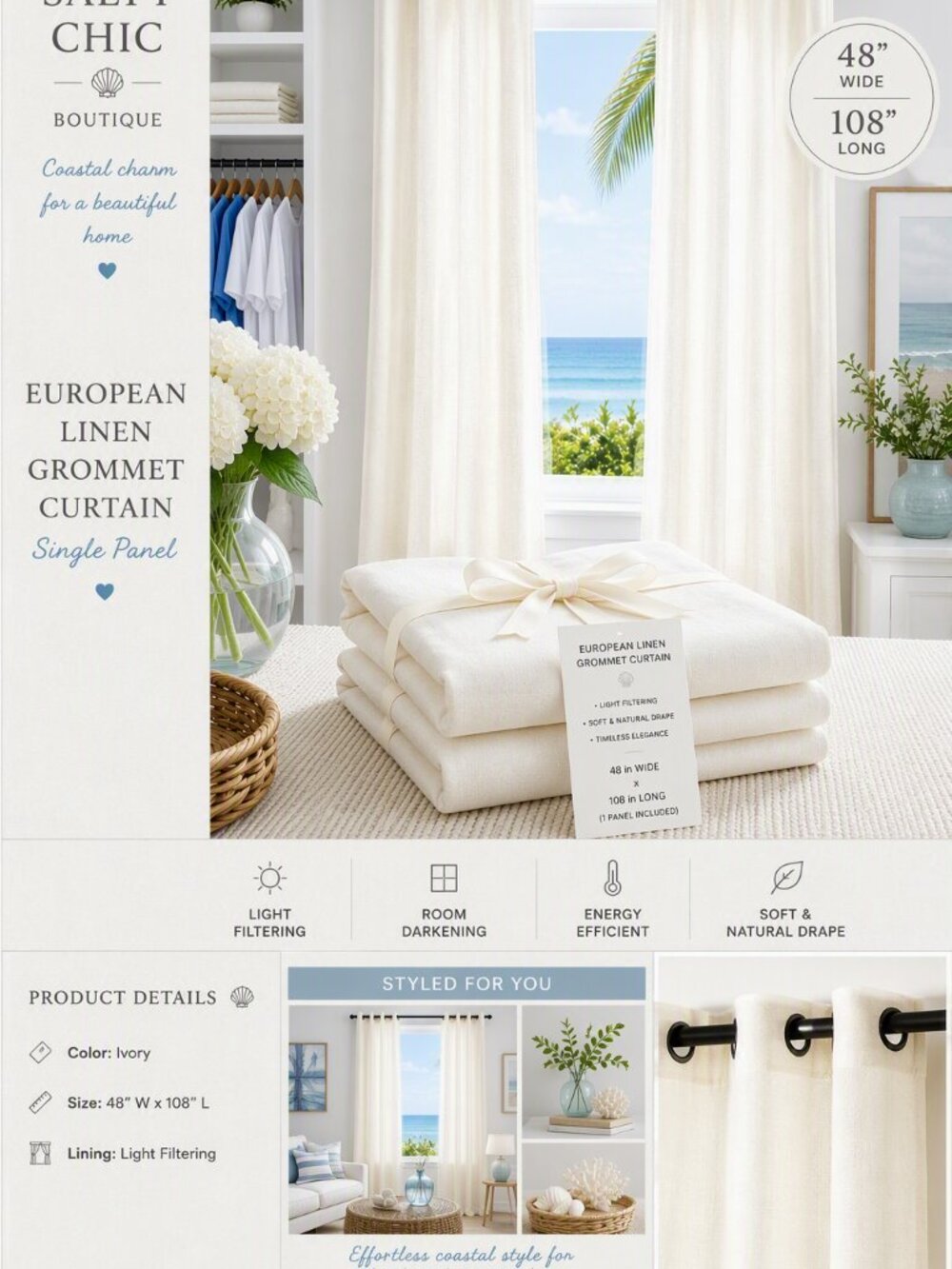 Quince Luxe Linen Ivory Curtain Panel Grommets Light Filtering NOT Blackout